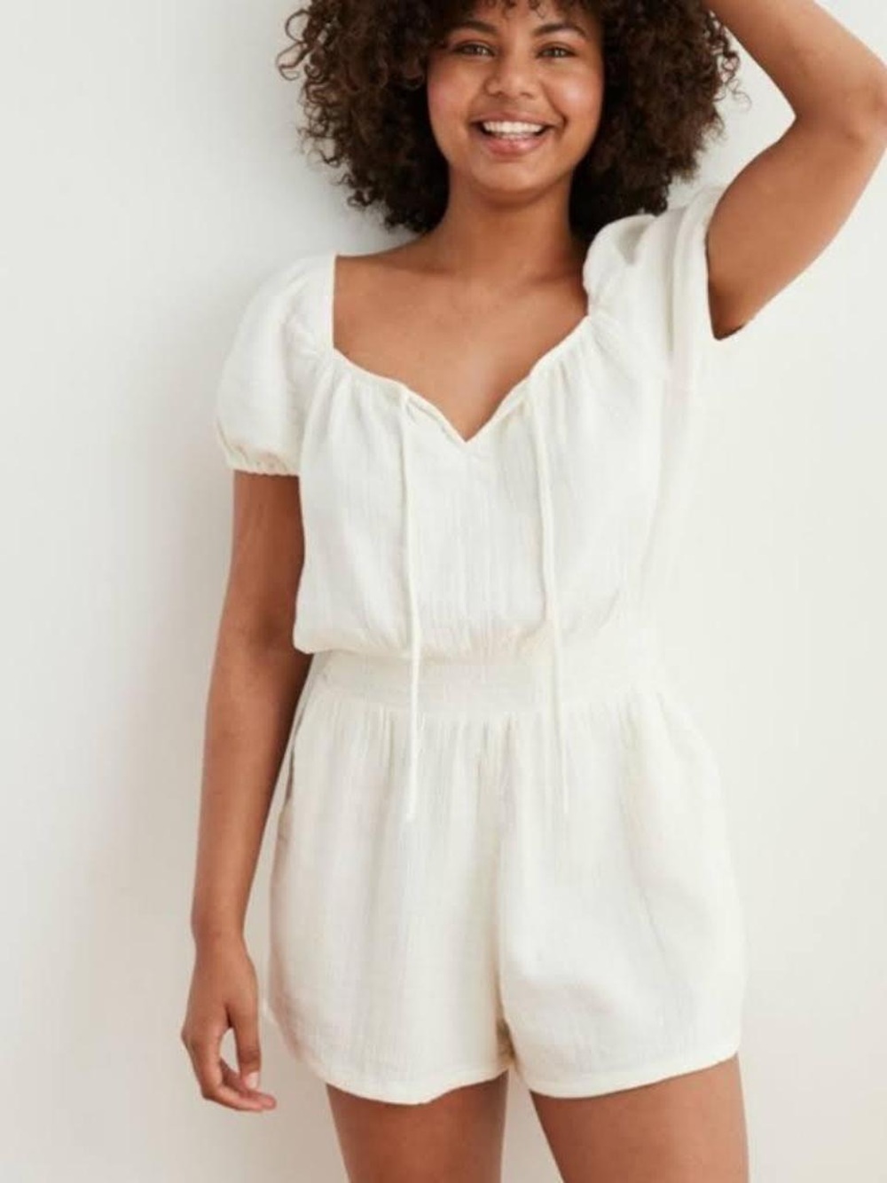 Aerie Women’s White Gauze Puff Sleeve Romper, Size Medium
